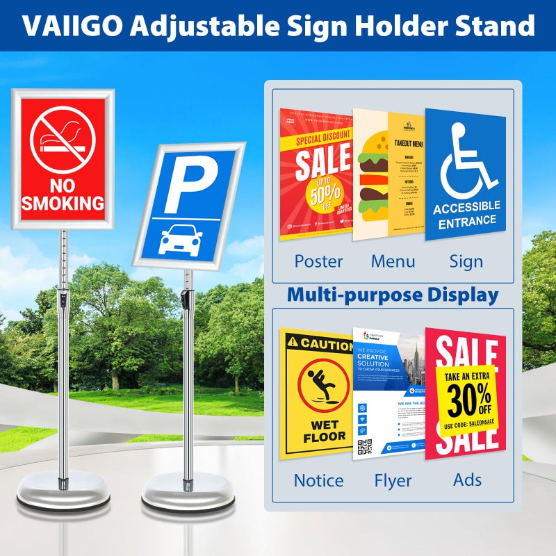 VAIIGO Pedestal Poster Sign Stand, Adjustable Aluminum 8.5 x 11 Floor Standing Sign Holder for Vertical and Horizontal View Sign Displayed, Silver - Image 2